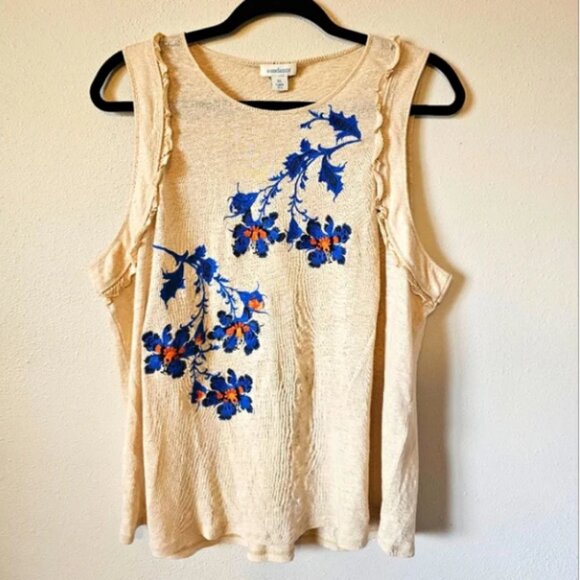 Sundance Tops Sundance Cream Blue Floral Embroidered Sleeveless